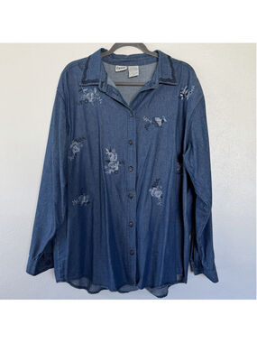 Cottagecore Denim Shirt Floral Embroidery Women’s 2XL Button Front XXL Boho 90s